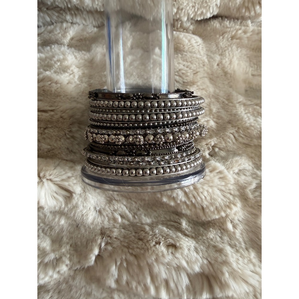 12pc Stackable Bangle Bracelet Set Gunmetal Silver Tone Rhinestone Beaded Boho View 3